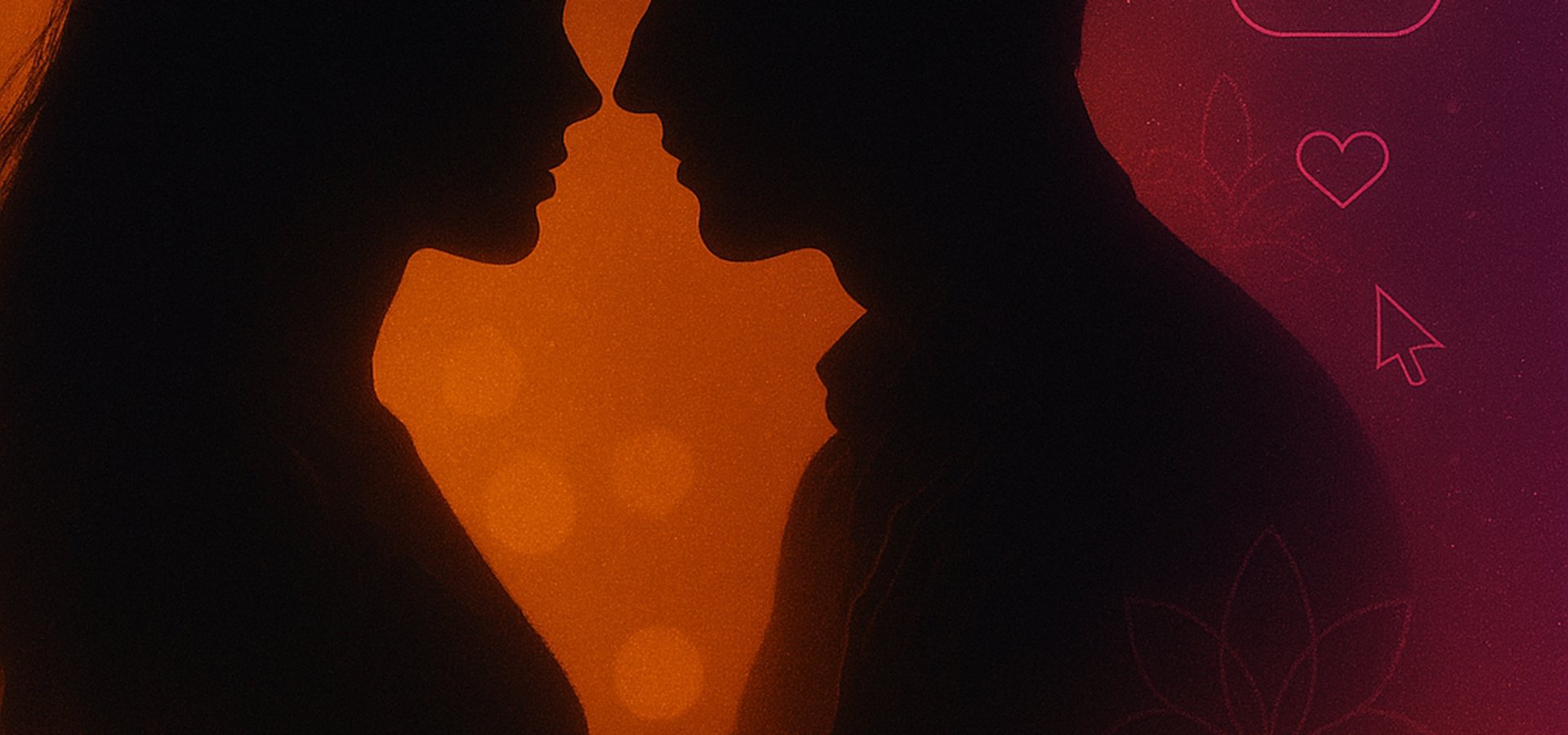 романтичный силуэт в тёплом свете с мягкими неоновыми акцентами; тема виртуального общения, без обнажения, просветительский контекст 18+